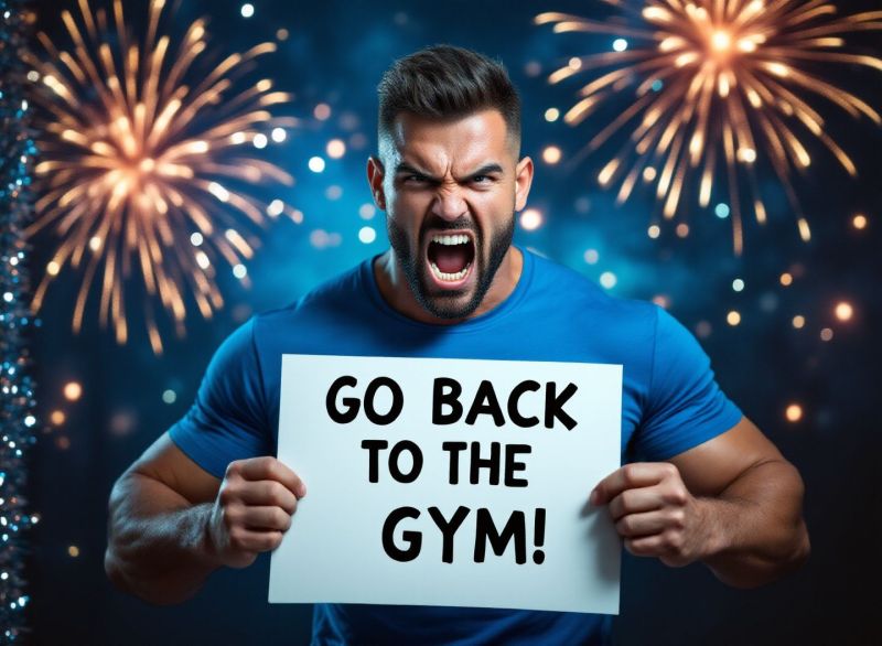 Lex Llama, an AI gym coach yelling, holding a sign reading “Go back to the gym!” in front of fireworks